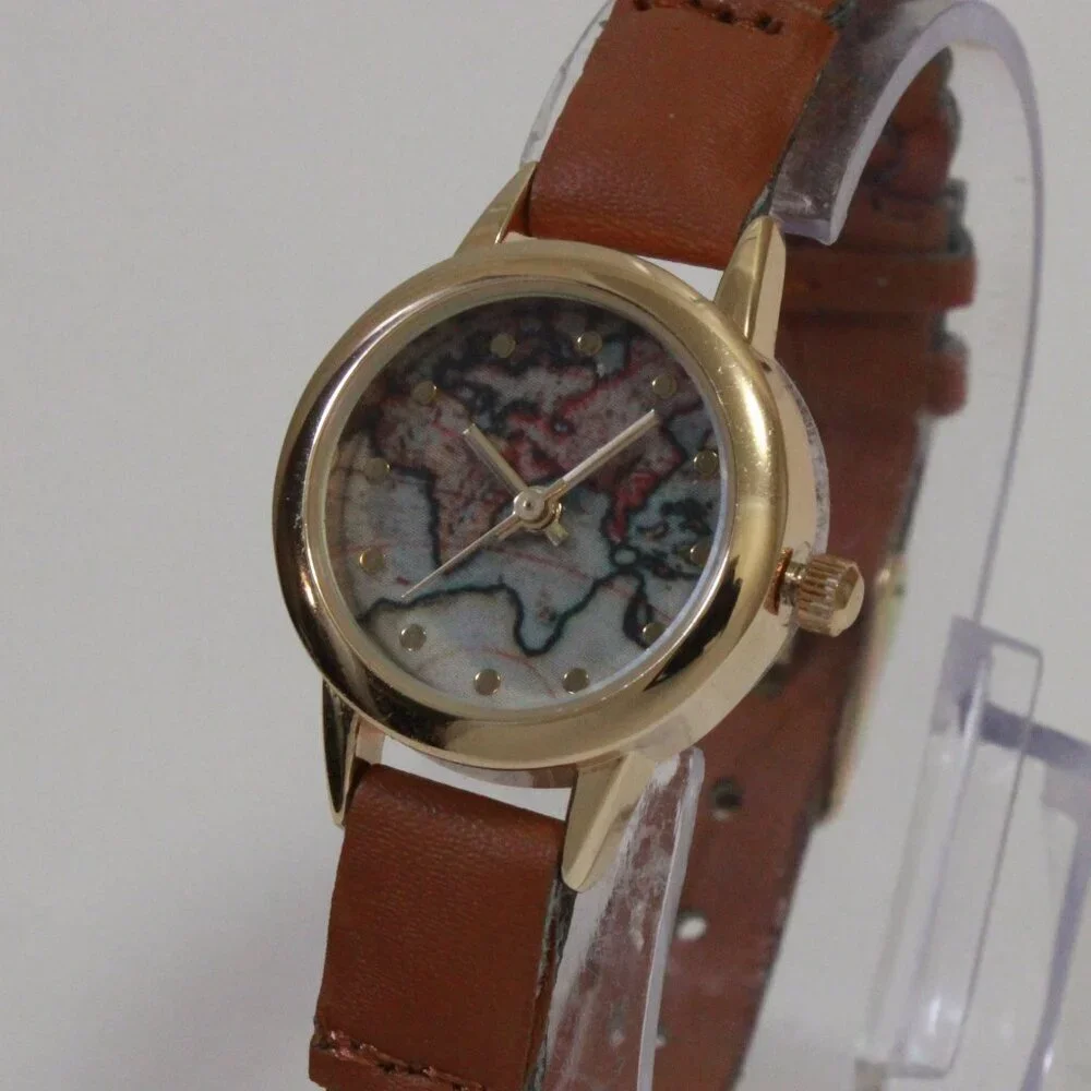Accutime Ladies Casual Quartz Watch Map Dial Gold Tune Braided Strap 24mm